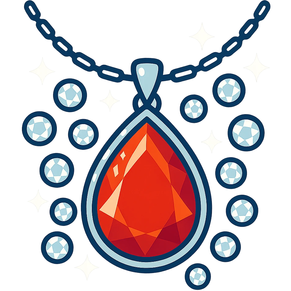 A fiery red teardrop ruby pendant suspended in a delicate silver chain, surrounded by glistening white stones emoji