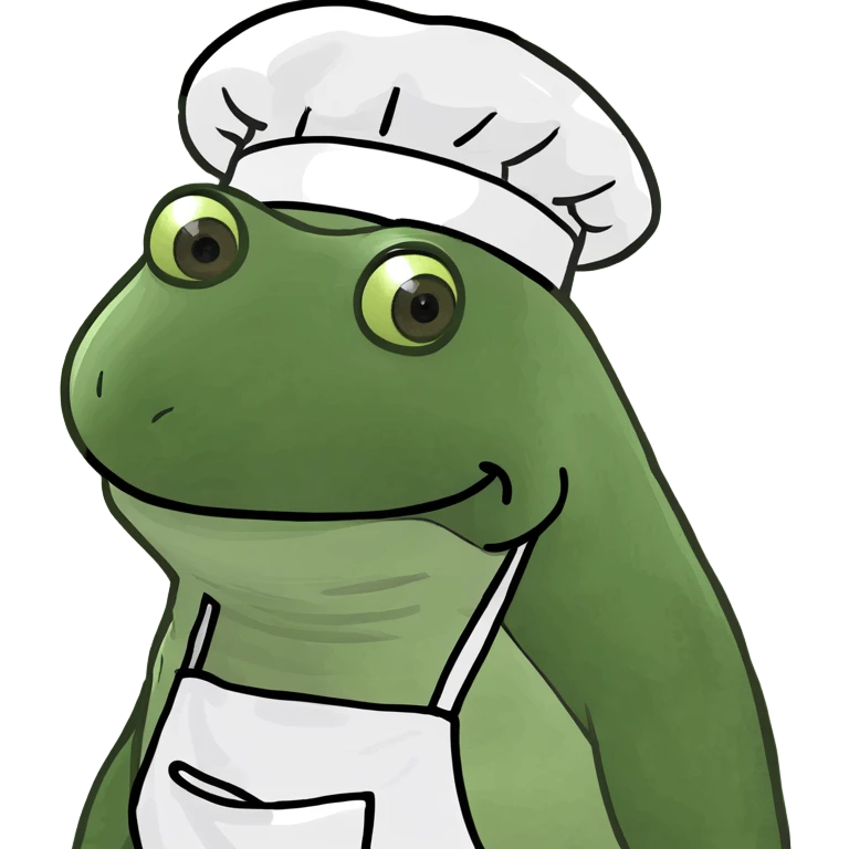 Make the baby oil bottle look like a chef with a chef hat and apron, in the green bufo frog meme style, no background. emoji