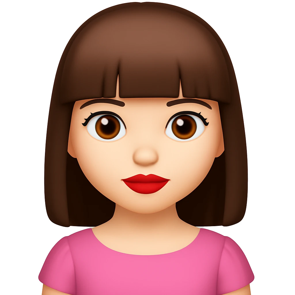 Make the lips a brighter, more vivid red and extend the bangs to cover the entire forehead, keeping the rest of the features the same. The original style is emoji style, so maintain the look and feel of an apple style emoji in the edits. emoji