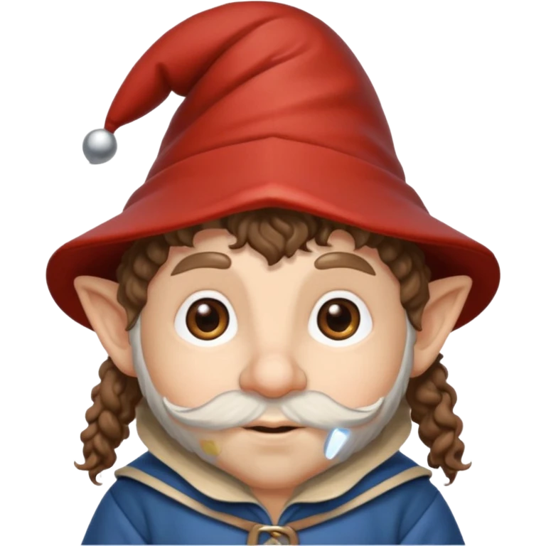Gnomo con capelli ricci marroni, occhi marroni e cappello a punta emoji