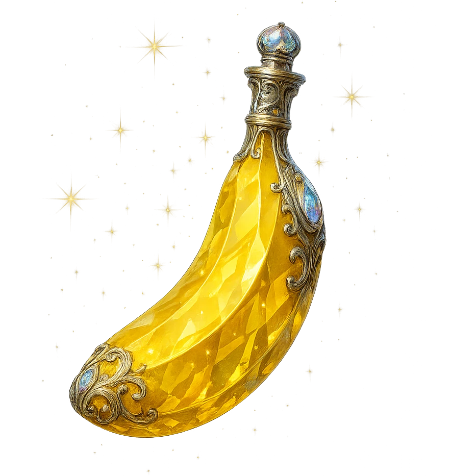 luxurious crystal elixir bottle in banana shape, banana yellow color, ornate silver and iridescent details, magical glowing and sparkling effects, very small neck, seamless bottom, bottle clearly floating in air, no base or shadow, modern, collection style, transparent background emoji