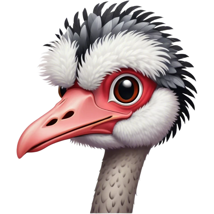 Full picture of an ostrich with black and white feathers on the body, fluffy grey head feathers, pinkish-red neck, and red legs. emoji