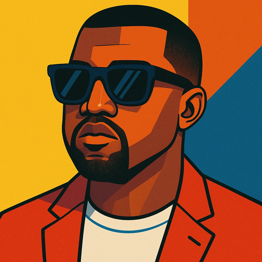stylized portrait of Kanye West with iconic sunglasses and confident expression, modern illustration style emoji