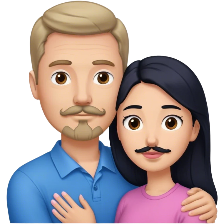 Tall white man with brown mustache goatee wearing blue hugged by a short pale woman with long black hair wearing pink emoji