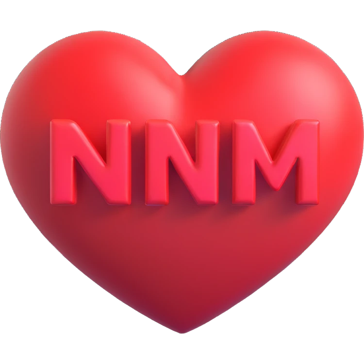 3D red heart with 'NM+CD' inside, playful cartoon font emoji