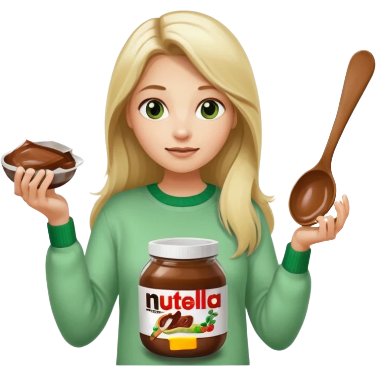 Blond woman with white and green pullover holds in one hand a big carriage of Nutella and in the other hand a oversized spoon which is inside the jar of Nutella. Her hair is long. And the Nutella jar is very big emoji