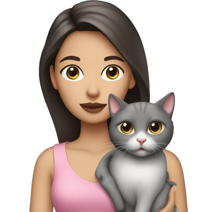 brunette with pink lips holding a grey cat emoji