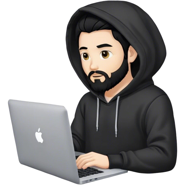 hackeur blanc cheveux noir barbe et capuche noir avec un macbook emoji