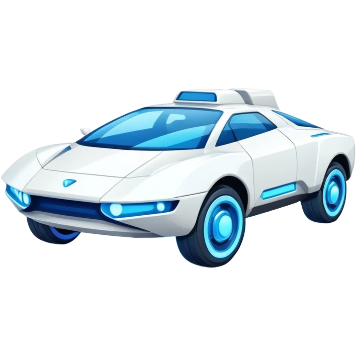 Futuristic retro hover white car with angular design and glowing blue wheels, flat vector style, minimal color palette with blue highlights emoji