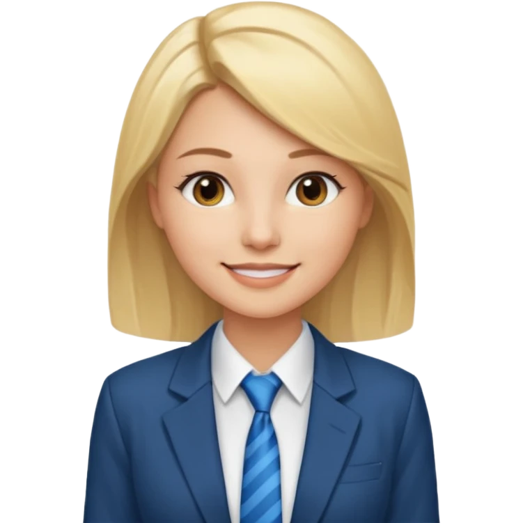 une femme blonde jolie avec des jolies traits avec une chemise blanche et une veste a manche longues et cravate bleu elle a les yeux marron emoji