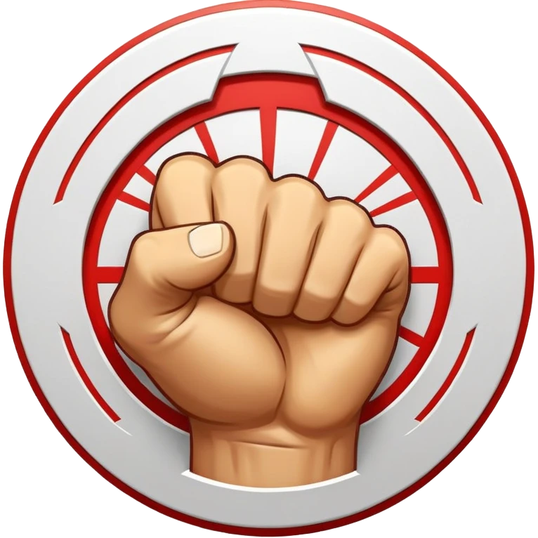 Round emblem symbolizing combat sports, featuring a clenched fist facing forward at the center. The fist is bold and strong, representing power and skill in martial arts. Surrounding the fist are dynamic lines, giving the emblem a sense of motion and energy, emphasizing the intensity of combat.  emoji