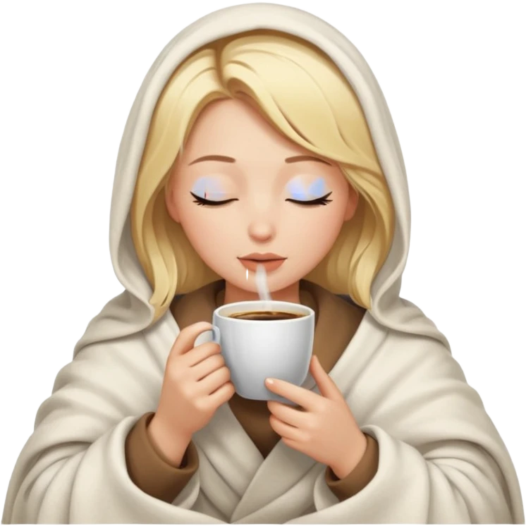 Blonde girl inside a blanket sipping coffee eyes closed emoji