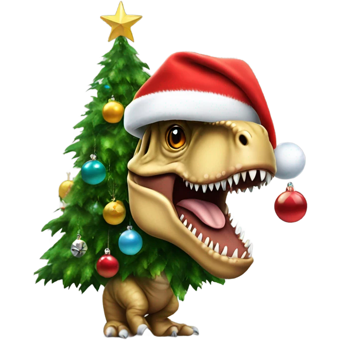 A t-Rex in a Santa hat and baubles on him like a Christmas tree emoji