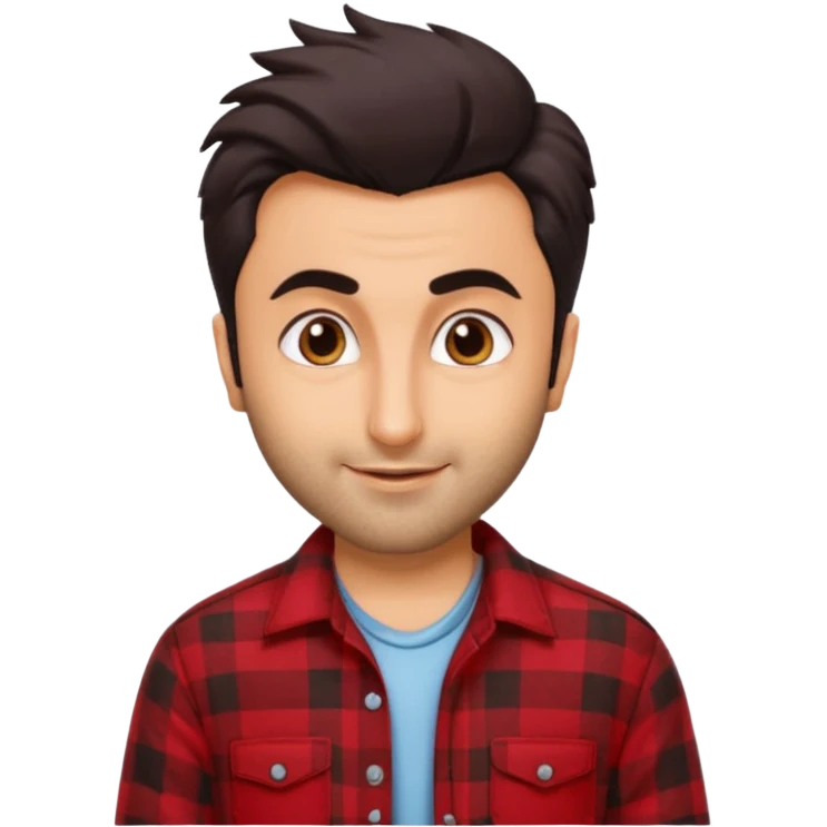 generate a pretty bratz emoji 
Make her look like Ranbir kapoor wearing a red flannel shirt, smirking

She should look exactly  like ranbir kapoor!  emoji