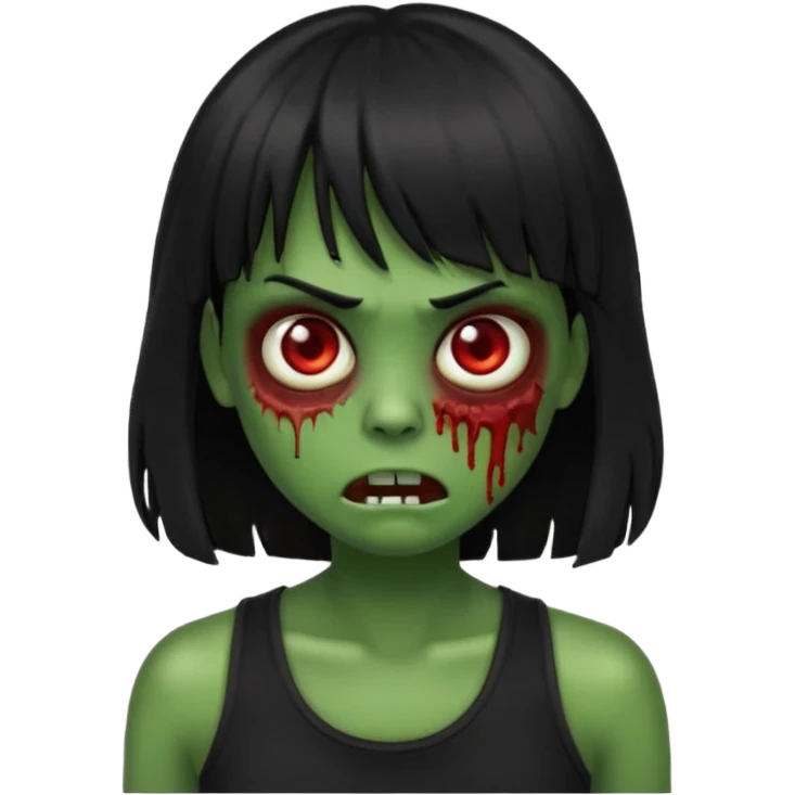 Zombie emoji with long black hair and bangs, with green skin, big red eyes, small nose, and a simple black tank top.  emoji