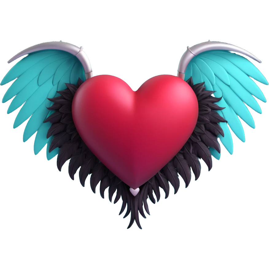 3D emoji gothic heart, dark crimson crystal, silver bat wings, feather details emoji
