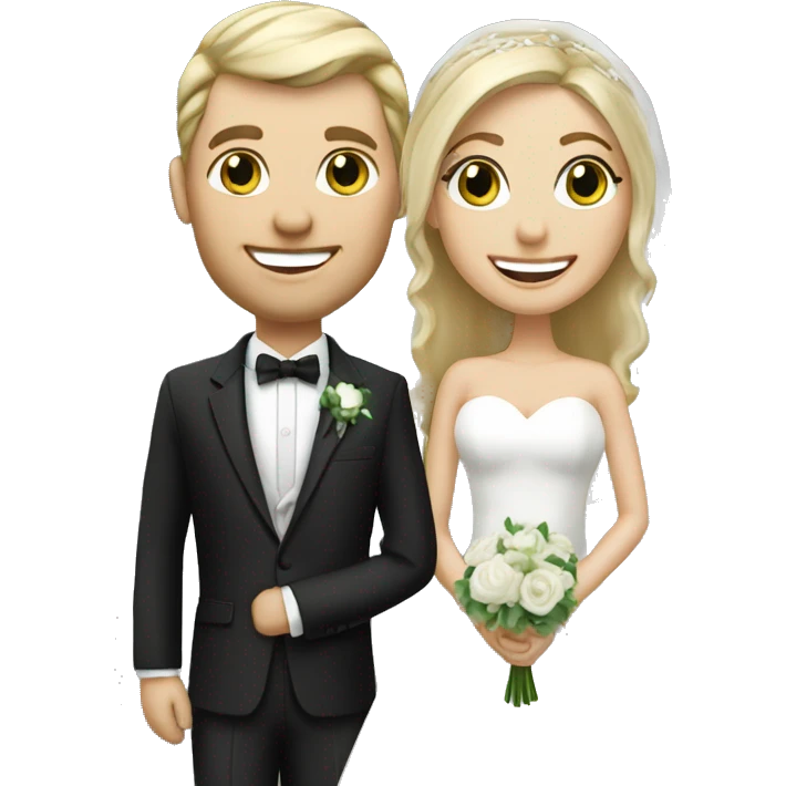 happy couple on wedding day, blond hair bride, groom silver green eyes emoji