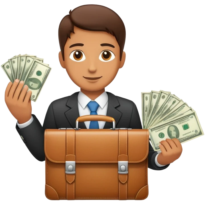 A professional person with a briefcase providing money to a family, breadwinner concept emoji