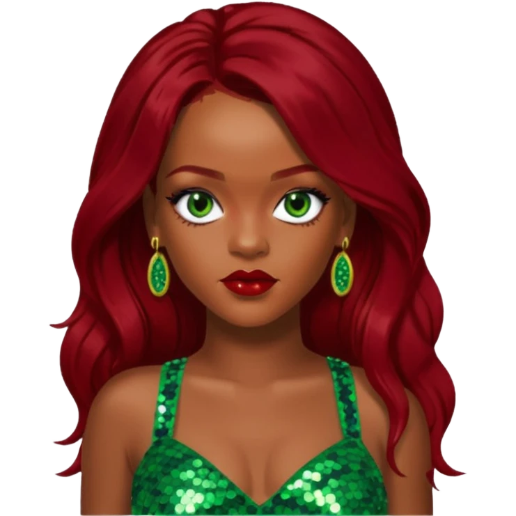 Rihanna with dark red long hair, green sequin crop top, hazel eye emoji
