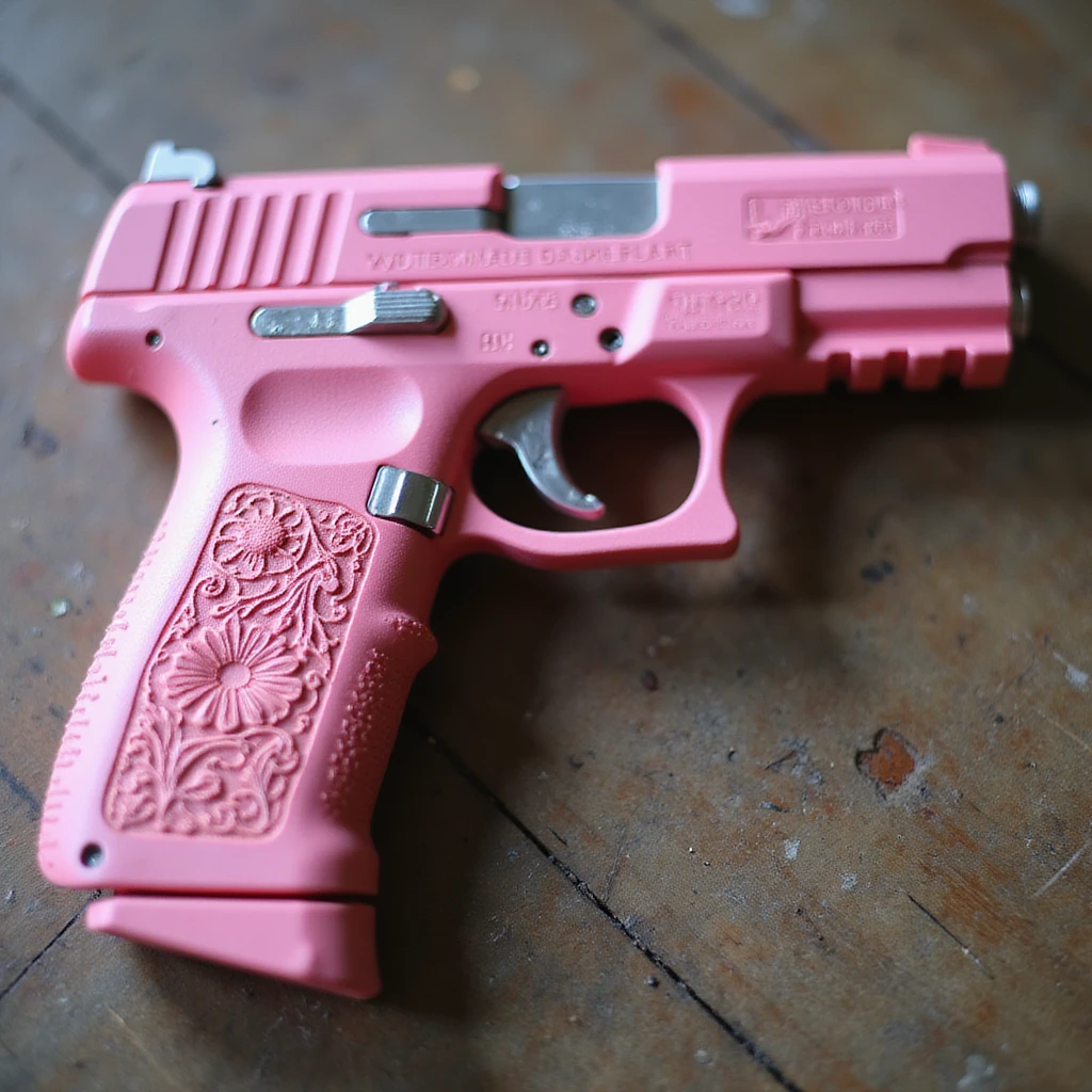 photorealistic pink pistol with custom floral engravings, no heart shapes or motifs, on a white background emoji