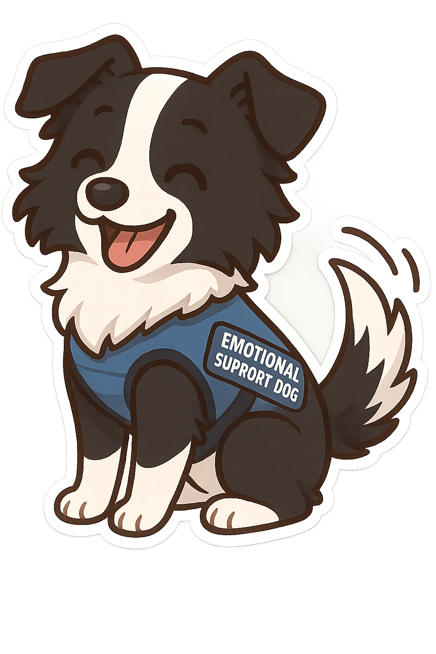 happy border collie in blue emotional support dog vest, wagging tail, cartoon style, white background emoji