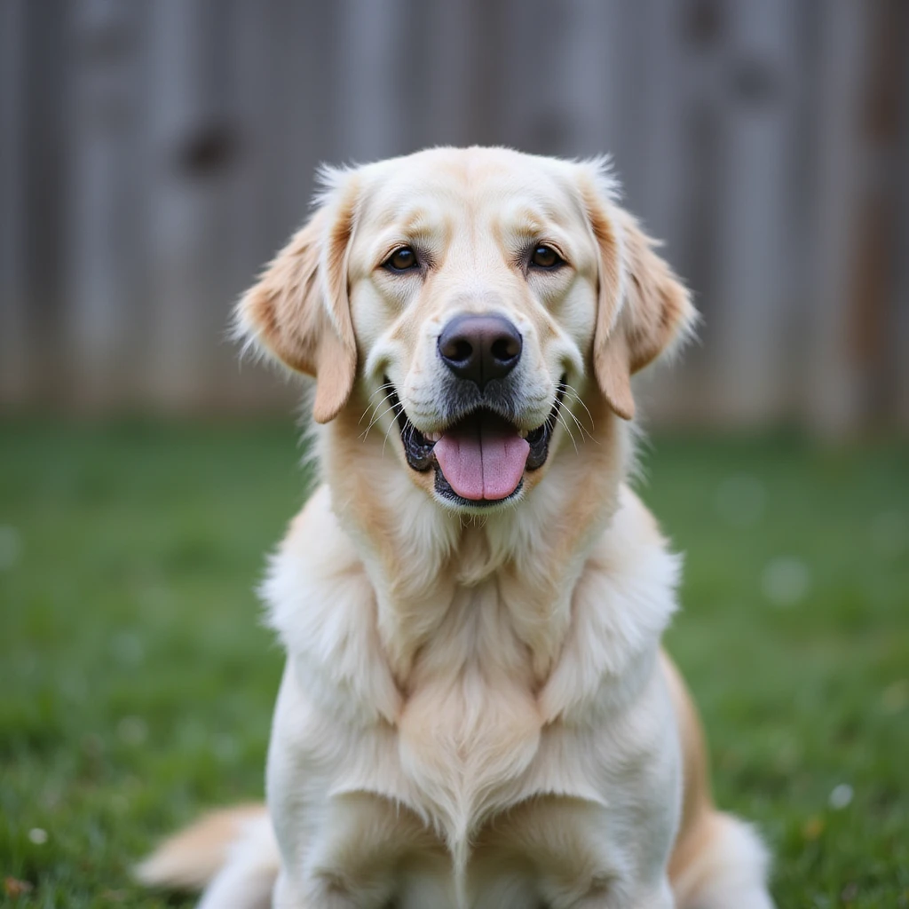 adult english cream golden retriever sitting on grass, facing camera, fence in the background emoji
