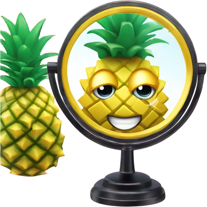3D elegant pineapple🍍  with big shiny eyes 👀 pineapple holds mirror with its reflection 🪞🍍 emoji