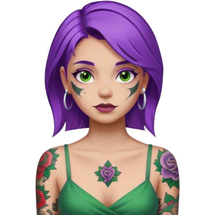 women with tatoos and hightlight that tatoos with purple hair and green dress emoji