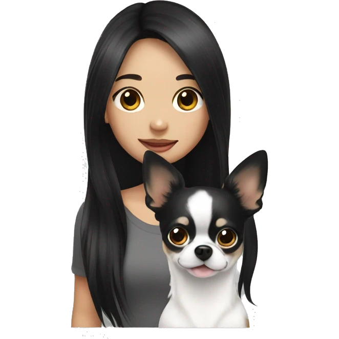 long black hair Thai girl with black and white long hair chihuahua waving emoji