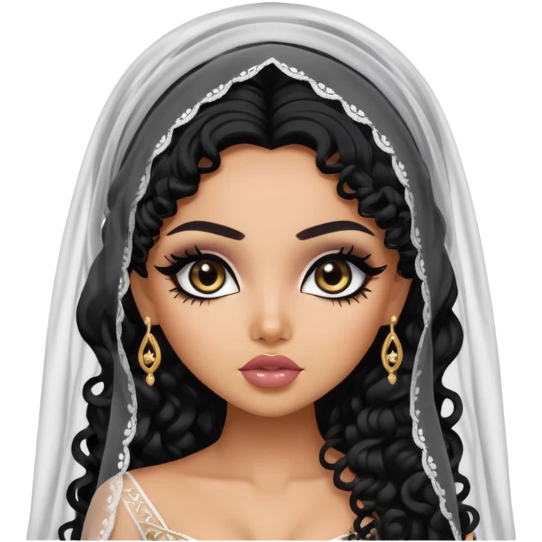 South West asian beauty, pretty bratz baddie, black eyeliner, long black curly hair, veil, medium skin  emoji