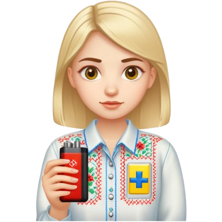 A Ukrainian girl in an embroidered shirt holds a battery emoji