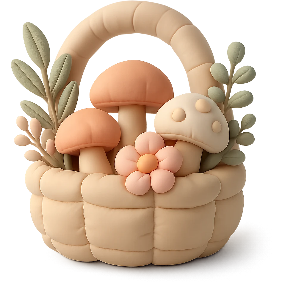 basket full of forest goodies including mushrooms, herbs, flowers in soft pastel colors, cushion style emoji