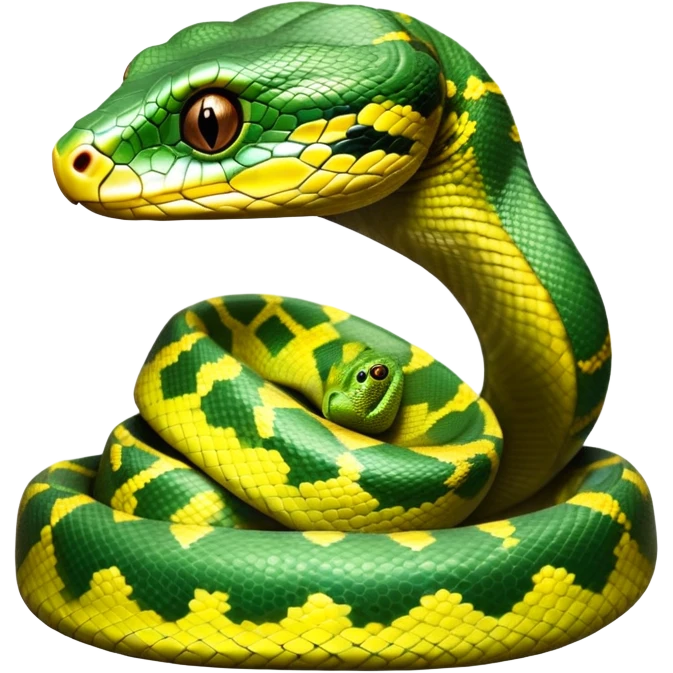 cinematic-green tree python-realistic-full-body-coiled-emoji,-thick-scaled-body-looped-tightly,-intricate-brown-and-gold-patterned-scales-reflecting-light,-head-tilted-dramatically,-slitted-eyes-staring-calmly,-simplified-yet-realistic-focused-feature emoji