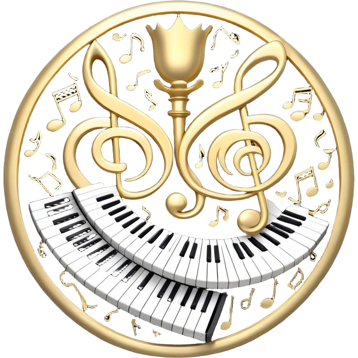 Create an elegant and festive emoji collage representing keyboard instruments, styled like a heraldic emblem. The design should feature a central focal point of black and white piano keys, arranged in a semi-circular or shield-like shape. Around the piano keys, add intertwining musical notes that form flowing ribbons, creating a dynamic and celebratory atmosphere. The design should be professional, with polished silver and gold accents on the keys and notes, highlighting the luxury and sophistication of the instruments. Add subtle shading and lighting effects to give the design a refined, 3D appearance. The background should remain transparent, and the overall feel should evoke grandeur, artistry, and a sense of celebration. emoji