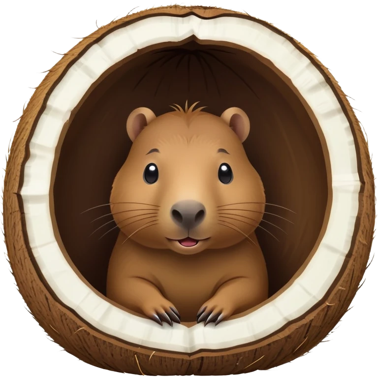 Small capybara inside a hollowed coconut, using it as a cozy home emoji