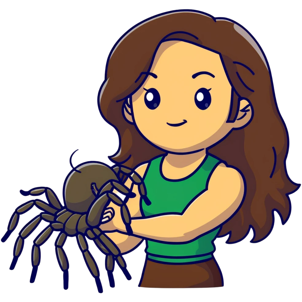 Attractive and muscular Mexican woman in her 20s with long dark brown hair with blonde highlights, with a tarantula emoji