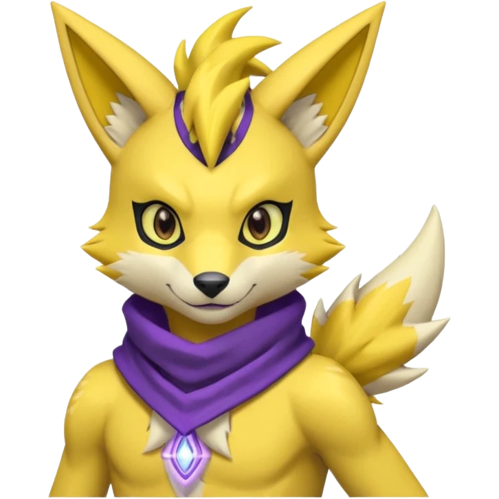 Furry Anthropomorphic Yellow Renamon-Zeraora-Toxtricity-Pokémon-Digimon-Fakémon-fusion with purple lightning-bolt-markings, and facial markings, black bandanna scarf emoji
