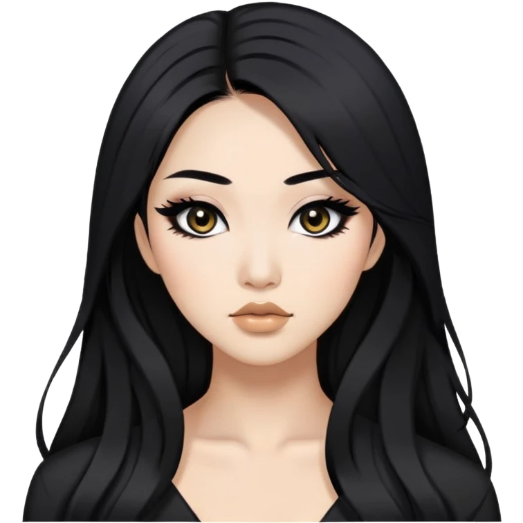 black hair, black eyes, asian baddie,pretty makeup, strong makeup, black eyeliner, long hair emoji