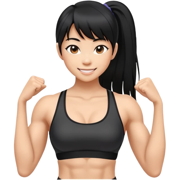 Asian women with muscle on thick strong 2 arms and abs. Black long straight hairs no pony tails, straight bangs, light skin, flirty smiles, black sports bra emoji