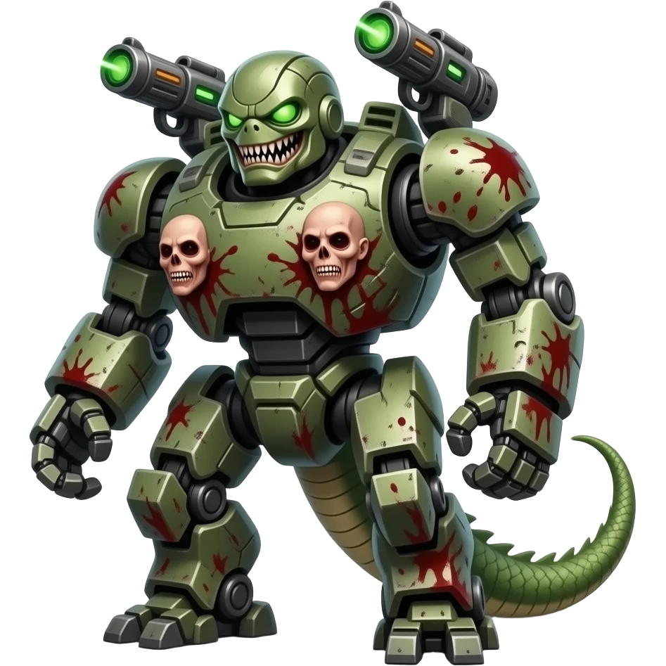 make a giant very scary robot with laser blasters on his back with small bits of blood and human flesh heads on his body with a lizard tail emoji