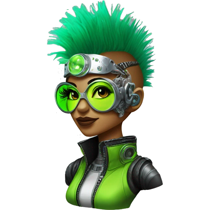 Neon green Mohawk hair Latina female cyborg head with silver steampunk goggles and circuits emoji