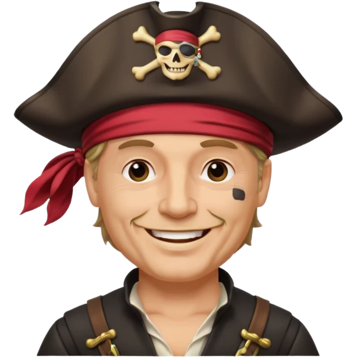 middle aged white male pirate captain wearing pirate hat and one eye patch, smiling emoji