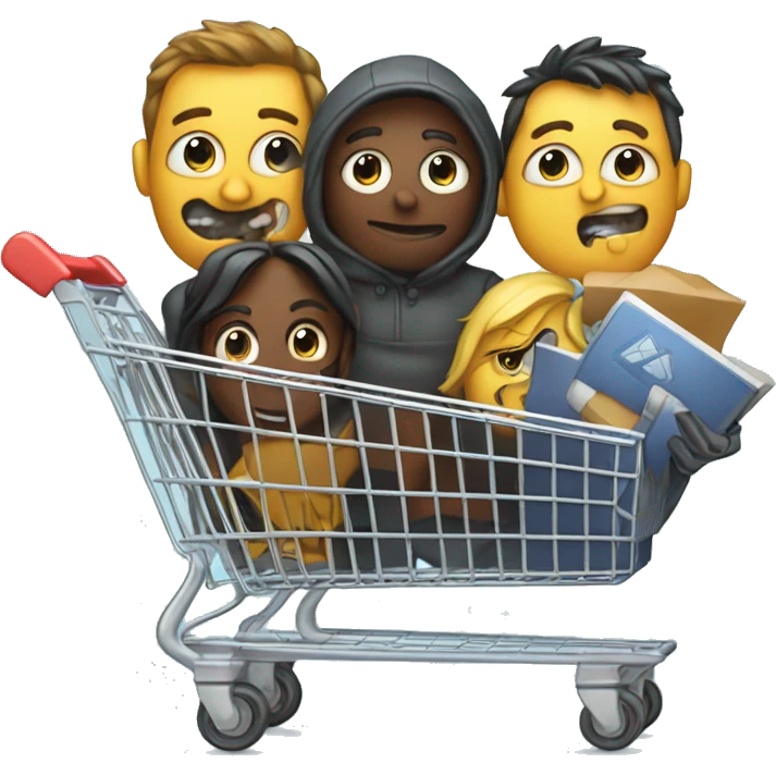 Software development team in a shopping cart resolving code bugs emoji