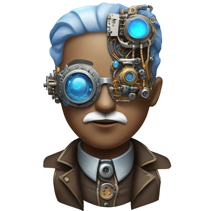 Brown shaved cyborg head with blue beard, silver steampunk monocle goggles and circuits emoji