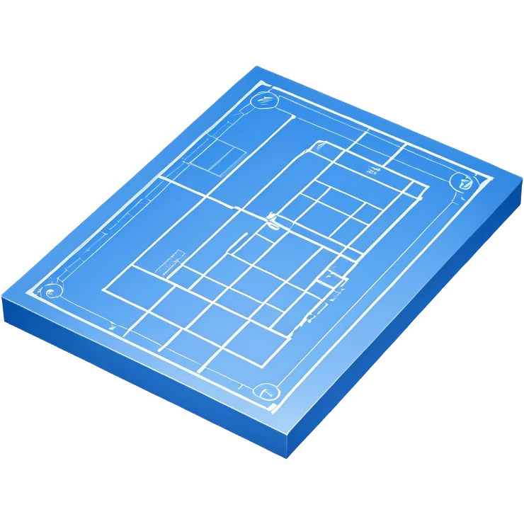 blue blueprint plan with white lines, isometric angle showing both side and top emoji