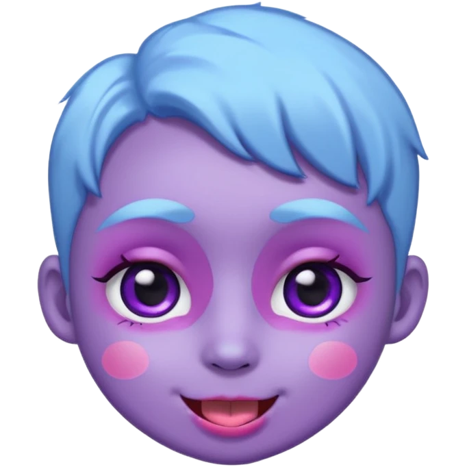 
de color azul claro brillante con manchas orgánicas en tonos morado y violeta.El rostro es expresivo y kawaii, con ojos grandes y brillantes, cejas pequeñas y una sonrisa abierta con lengua rosada. Estilo moderno, limpio y tierno, ideal como emoji, sticker o mascota digital.
 emoji