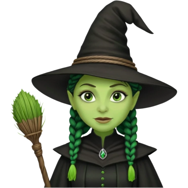 elphaba the wicked witch from wicked movie (cynthia erivo) microbraid hair, witch hat, broom emoji