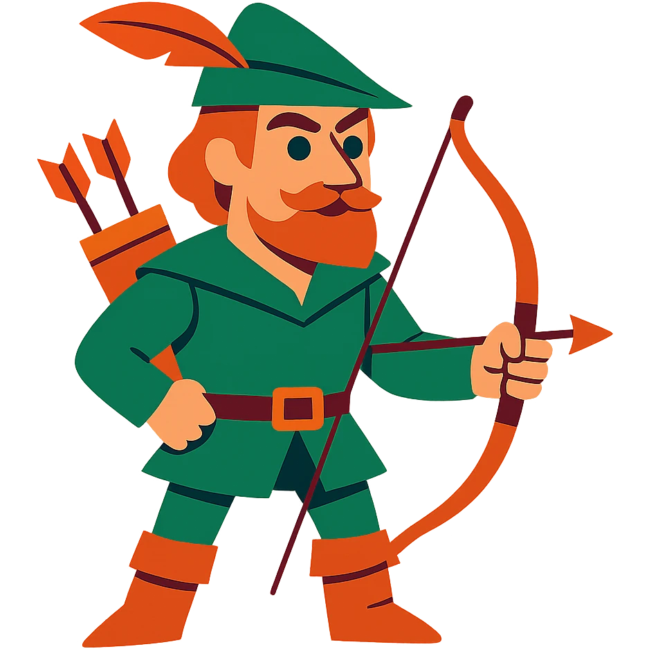 Robin Hood, classic English folk hero, wearing a green tunic and feathered cap, holding a bow, vibrant cartoon style emoji