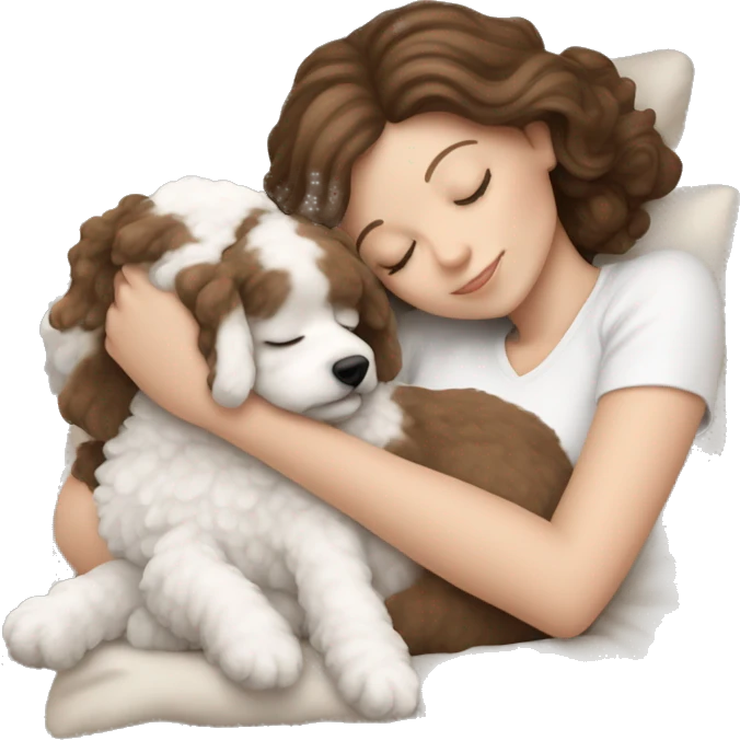 White girl brown hair sleeping with Mini Bichon emoji
