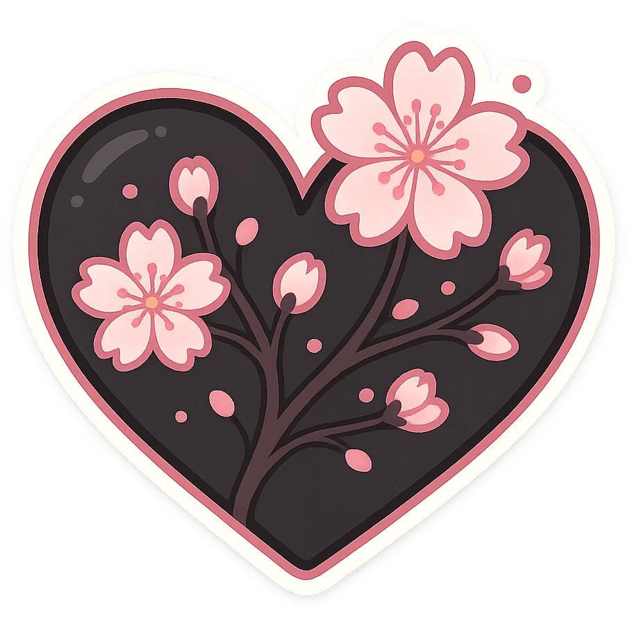 goth sakura heart, black heart with sakura branch and blossoms, extra pink highlights, playful and sweet emoji